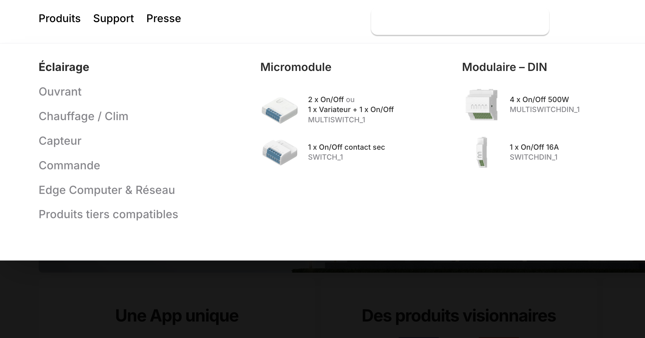 Menu déroulant des catégories de devices.